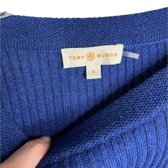 Tory Burch Wool Sweater Wmns Sz S Boatneck Long Sleeve Peplum Waist Blue - Picture 2 of 11